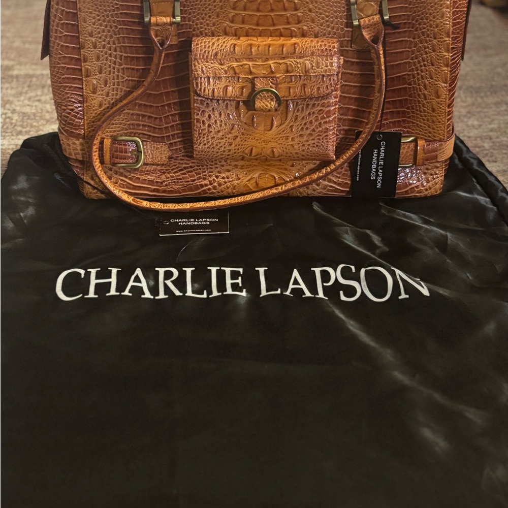 Charlie Lapson Tan Crocodile Embossed Satchel